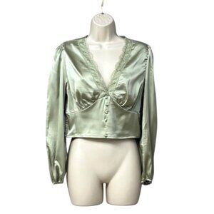 Love Tree Satin Lace Trim Button Details Crop Blouse, Sage Green, Sz. L